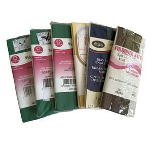 Lot of 6 Single Fold Bias Tape Quilt Binding Blue Green Yellow Brown 1/2 - 1 in
